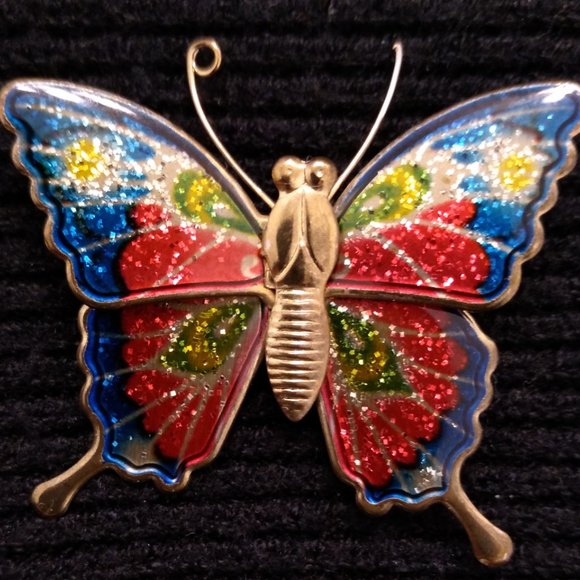 Vintage Butterfly Pin Brooch Enamel Wing Glitter Inlay Gold Tone Design - Picture 1 of 6